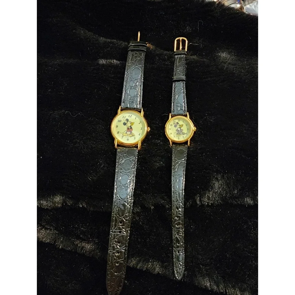 Vintage Disney Mickey & Minnie Mouse Watches Running Leather Band His & Hers Y2K